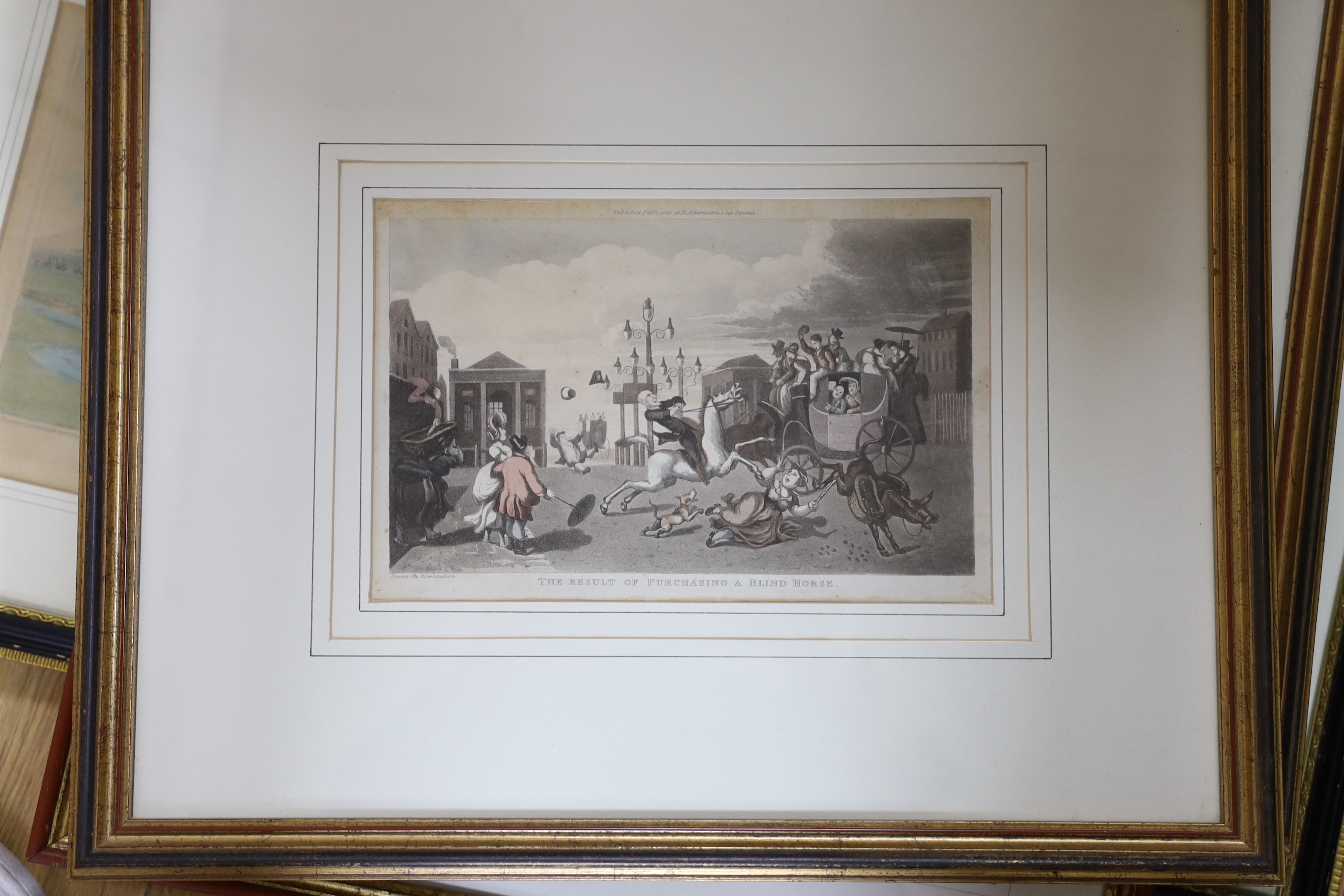 A collection of 19th century engravings / prints including one after Godfrey Kneller, The Lord Euston, Panoramic view of Abergavenny, publ. 1811 and a pair after Thomas Rowlandson including a pair of satyrical coloured e